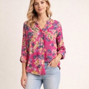 Zac & Rachel Floral Pink Button-Up Women's Top Roll Tab Sleeves Sheer Summer Sm